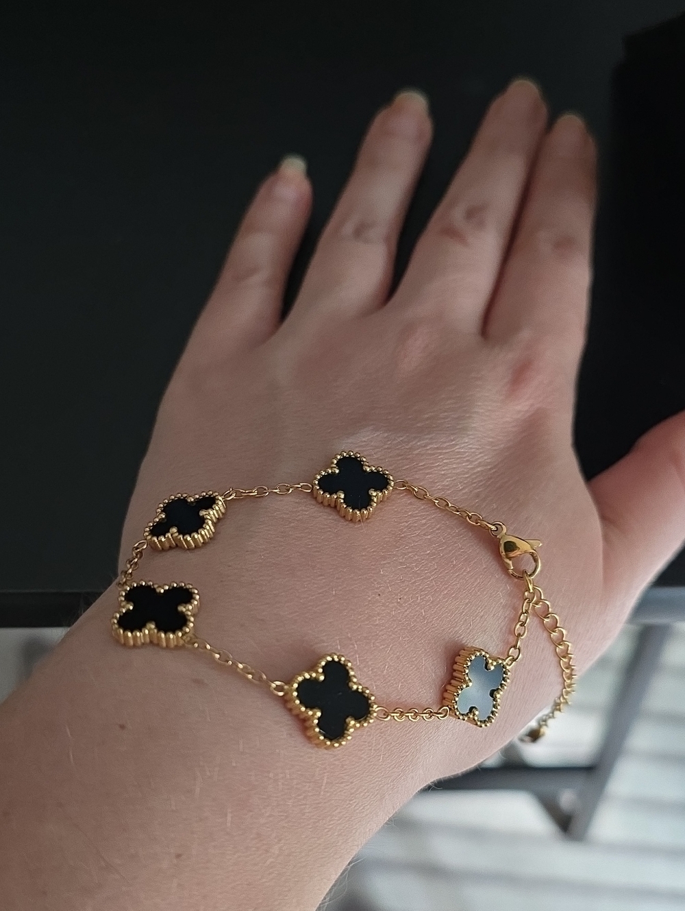 Gold and Black Clover-Link Bracelet - Women Jewelry